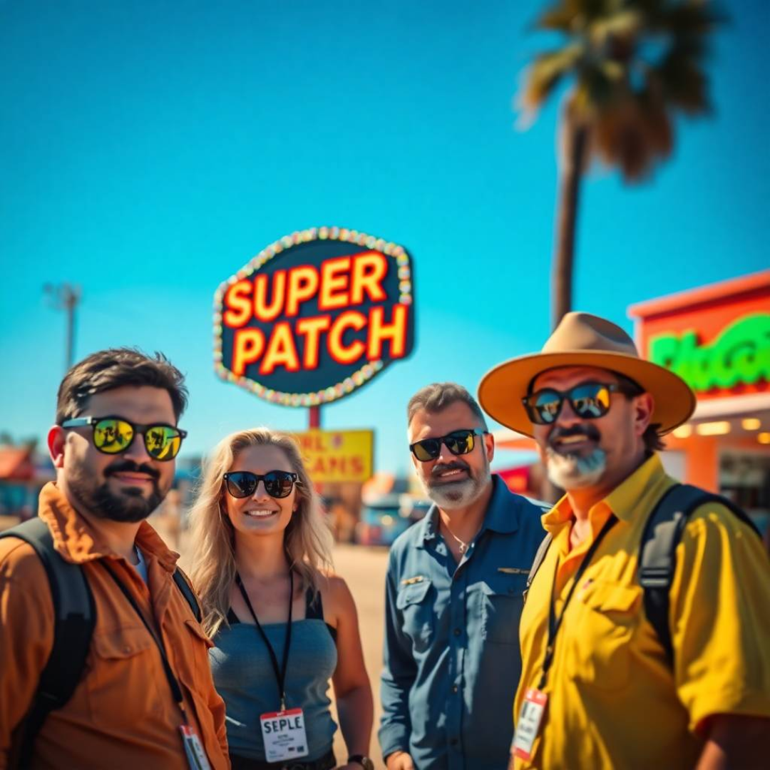 Image of a group of entrepreneurs, apparently in ARIZONA, United States, behind them there is a sign that clearly says "Super Patch".