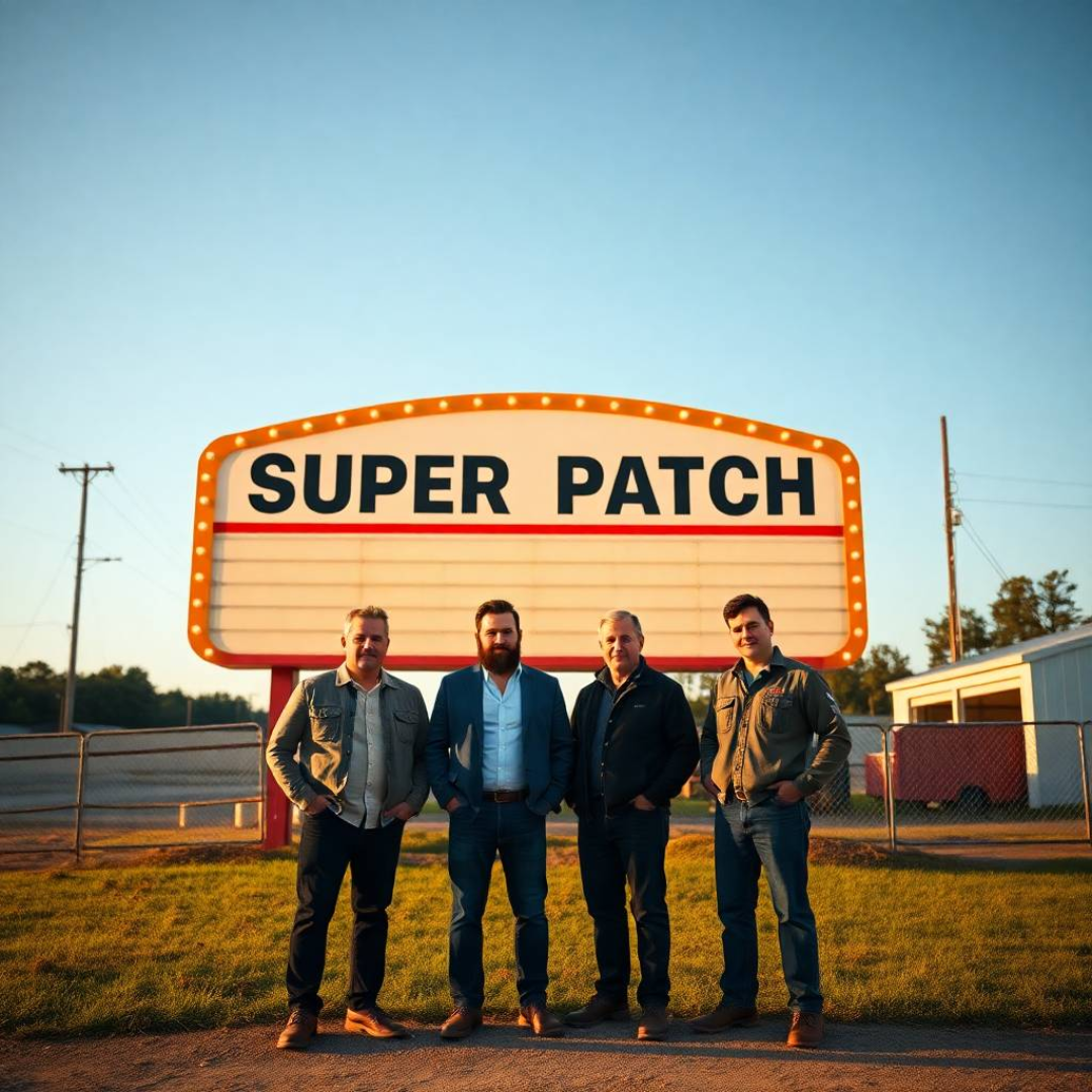Image of a group of entrepreneurs, apparently in Alabama, United States, behind them there is a sign that clearly says "Super Patch".