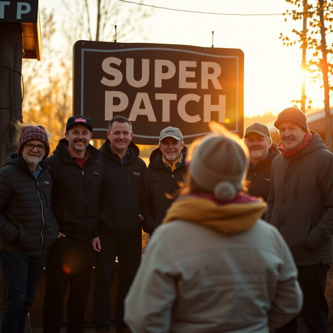 Image of a group of entrepreneurs, apparently in Alaska, United States, behind them there is a sign that clearly says "Super Patch".