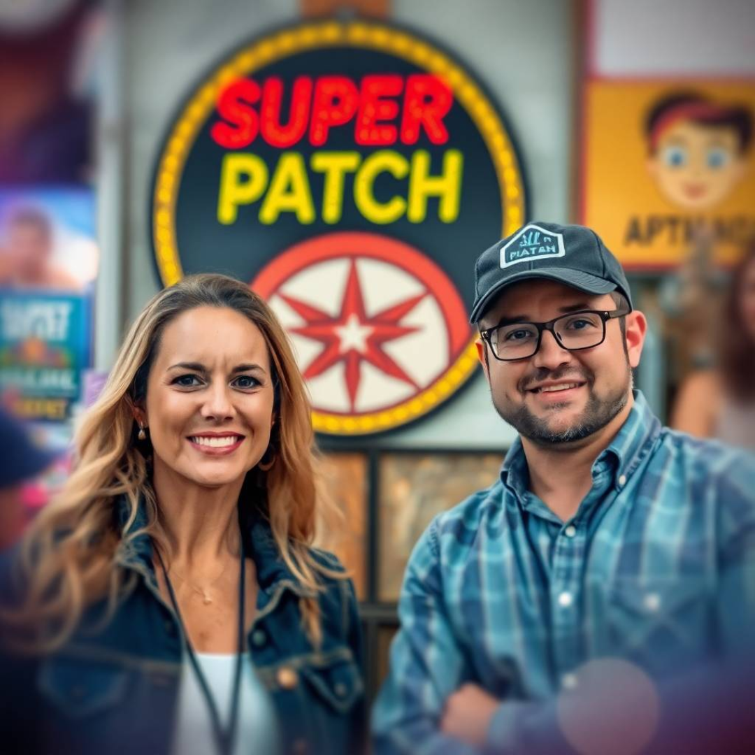 Image of a group of entrepreneurs, apparently in Arkansas, United States, behind them there is a sign that clearly says "Super Patch".