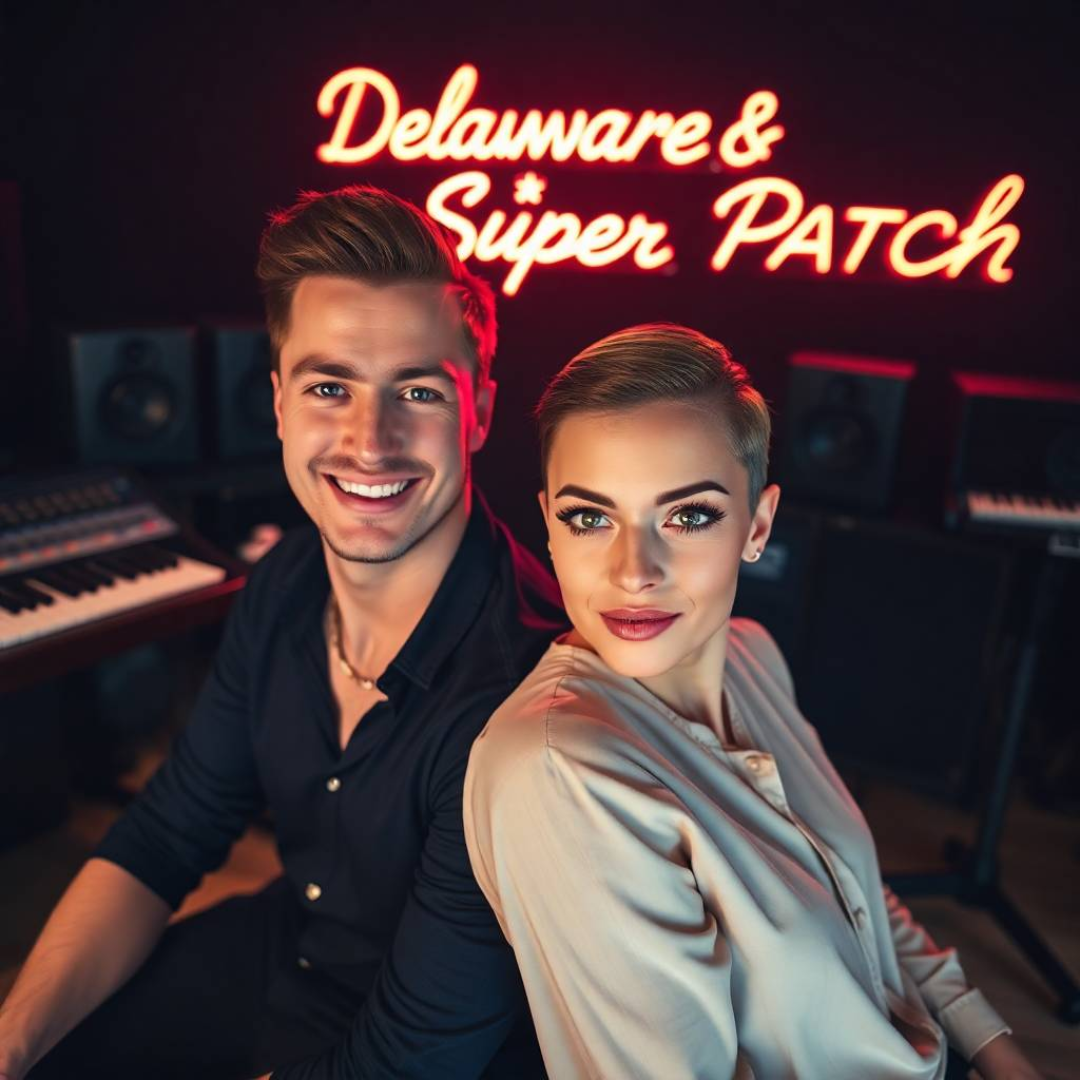 Image of a group of entrepreneurs, apparently in Delaware, United States, behind them there is a sign that clearly says "Super Patch".
