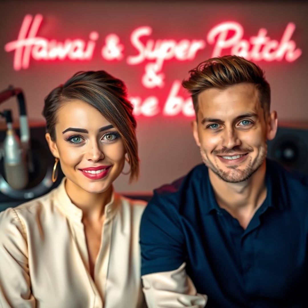 Image of a group of entrepreneurs, apparently in Hawái, United States, behind them there is a sign that clearly says "Super Patch".