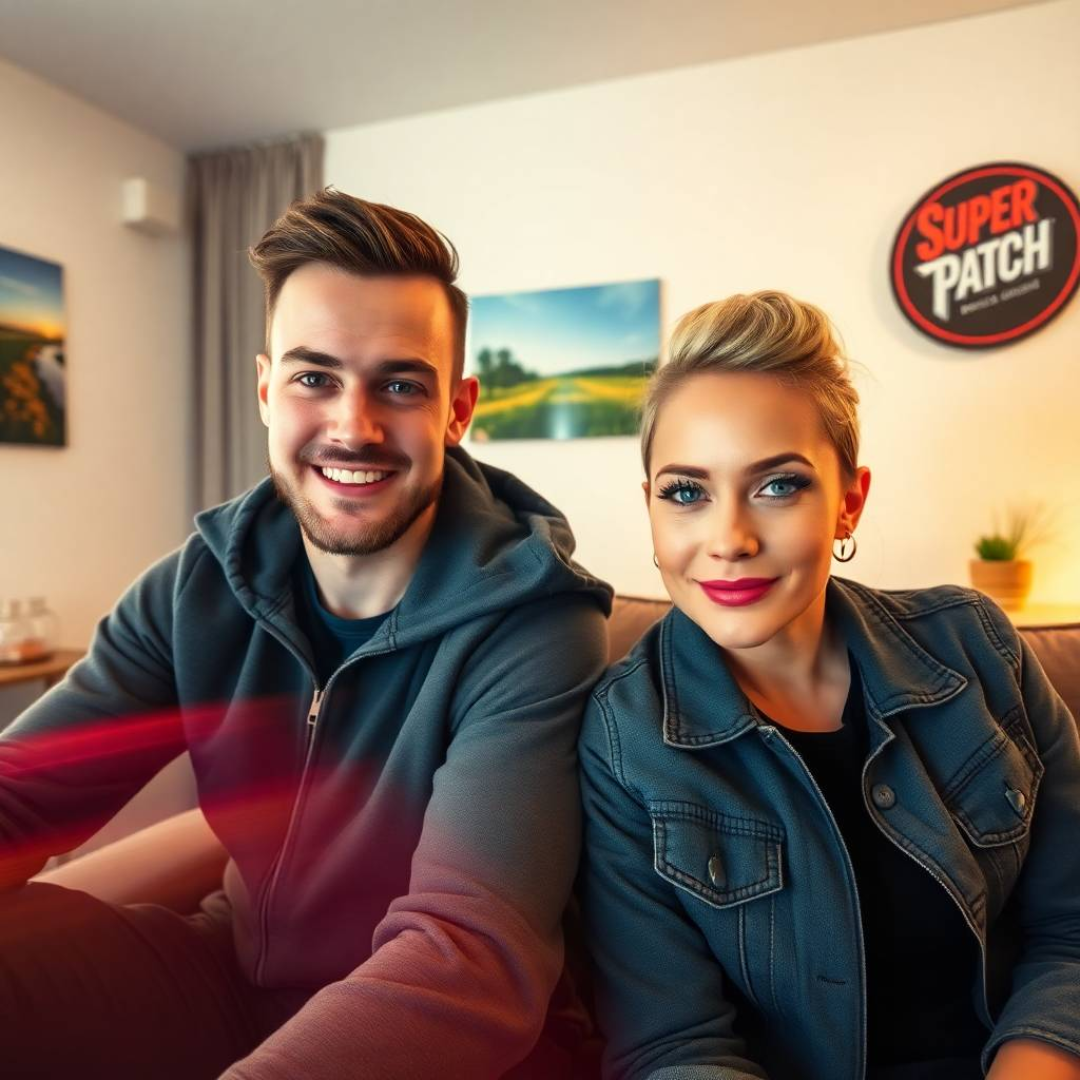 België. In a modern living room, a man and a woman in their thirties, both looking stylish and energetic, are chatting animatedly, while a “Super Patch” sign stands out in the background.