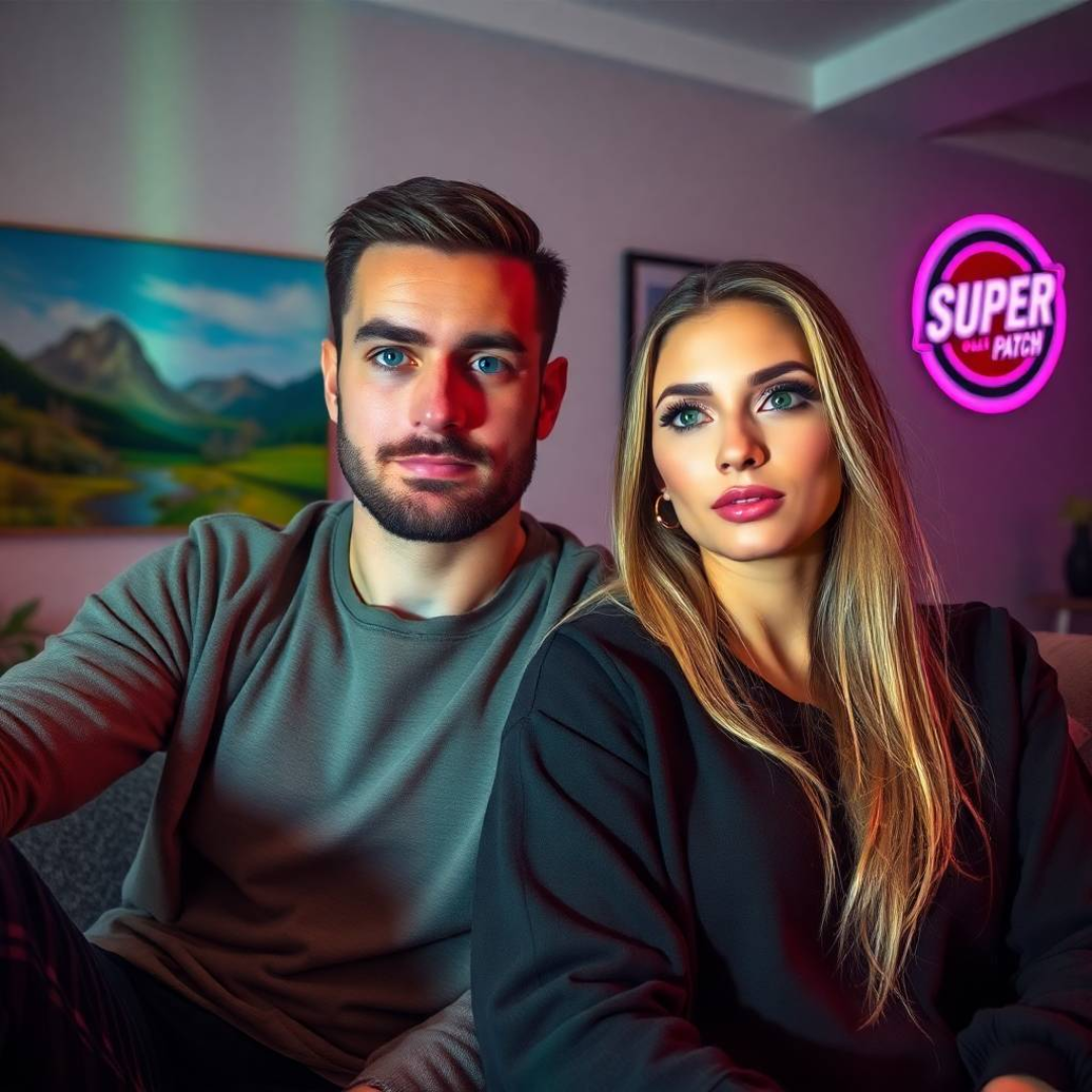 Bulgaria. In a modern living room, a man and a woman in their thirties, both looking stylish and energetic, are chatting animatedly, while a “Super Patch” sign stands out in the background.