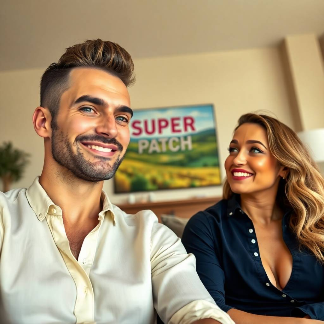Canada. In a modern living room, a man and a woman in their thirties, both looking stylish and energetic, are chatting animatedly, while a “Super Patch” sign stands out in the background.