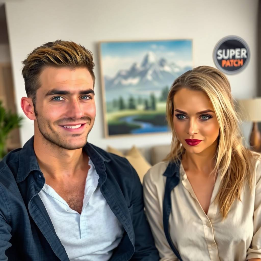 Canada. In a modern living room, a man and a woman in their thirties, both looking stylish and energetic, are chatting animatedly, while a “Super Patch” sign stands out in the background.