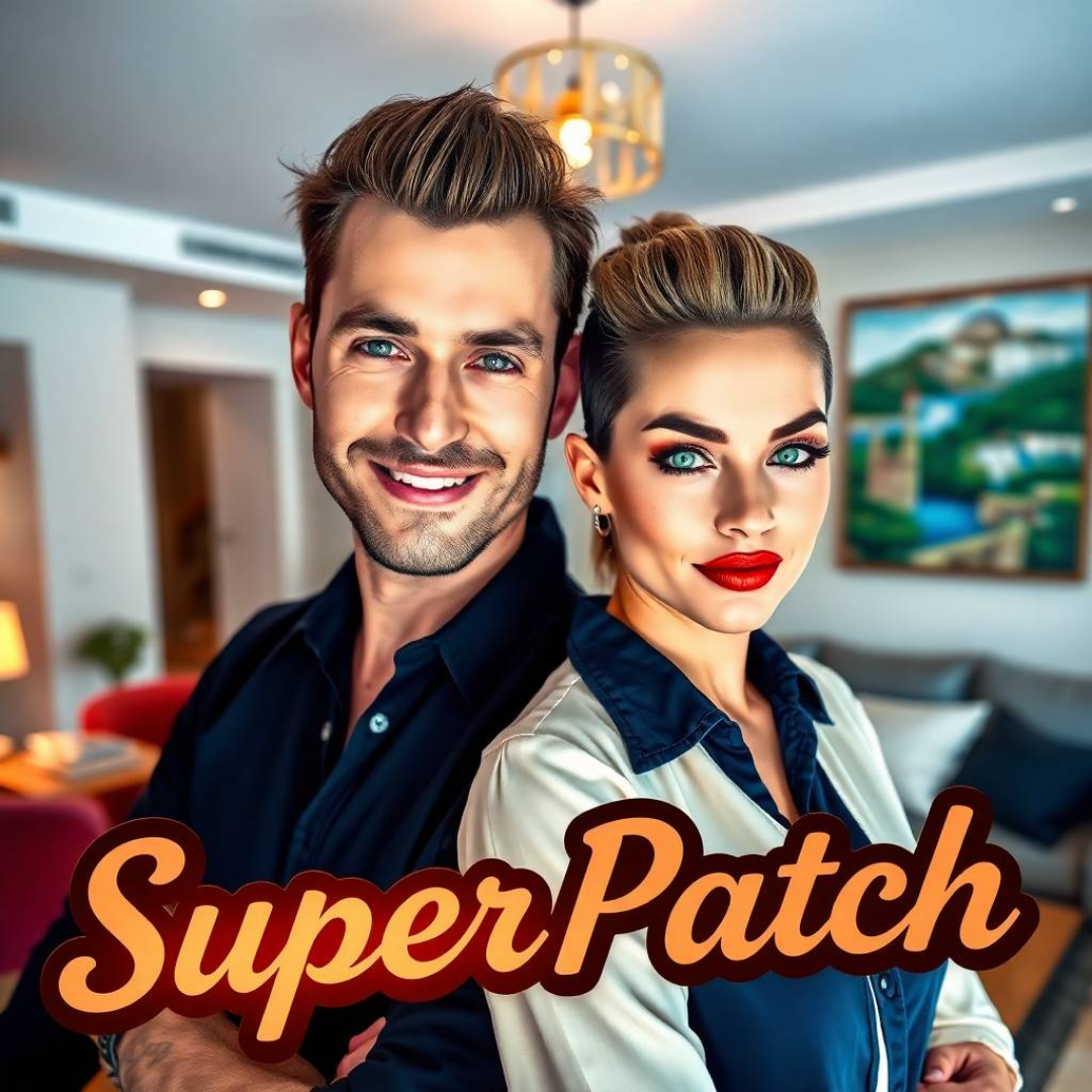 Croatia. In a modern living room, a man and a woman in their thirties, both looking stylish and energetic, are chatting animatedly, while a “Super Patch” sign stands out in the background.