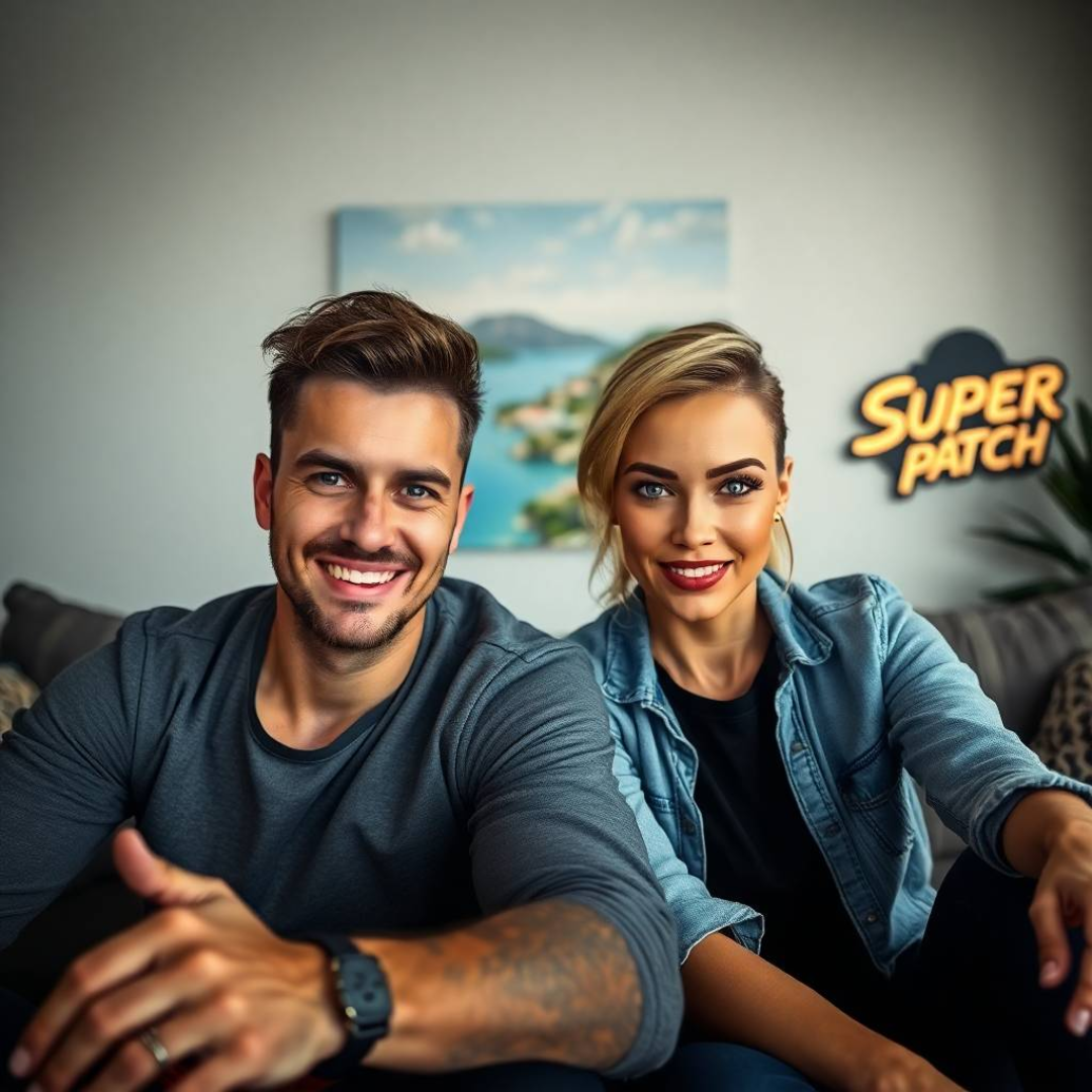 Cyprus . In a modern living room, a man and a woman in their thirties, both looking stylish and energetic, are chatting animatedly, while a “Super Patch” sign stands out in the background.