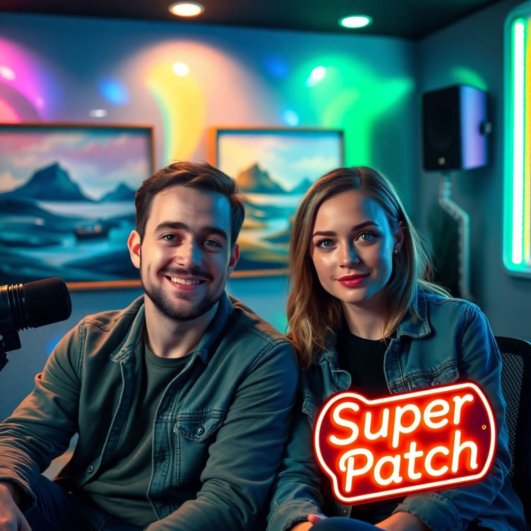 Denmark. In a modern living room, a man and a woman in their thirties, both looking stylish and energetic, are chatting animatedly, while a “Super Patch” sign stands out in the background.