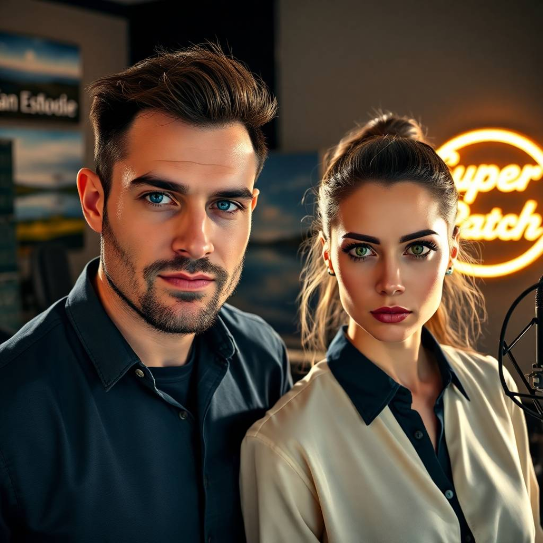Estonia. In a modern living room, a man and a woman in their thirties, both looking stylish and energetic, are chatting animatedly, while a “Super Patch” sign stands out in the background.
