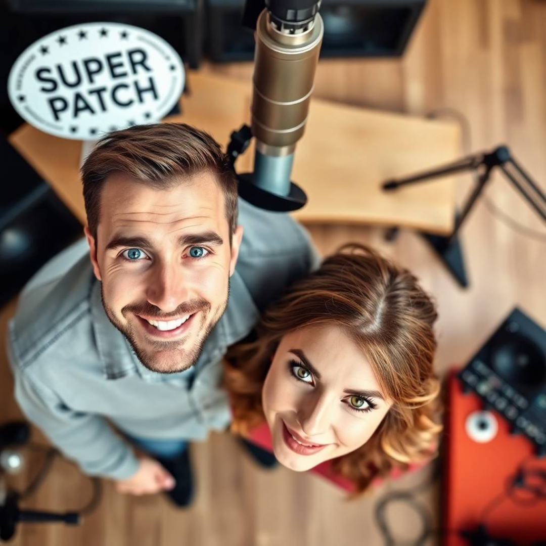 Finland. In a modern living room, a man and a woman in their thirties, both looking stylish and energetic, are chatting animatedly, while a “Super Patch” sign stands out in the background.