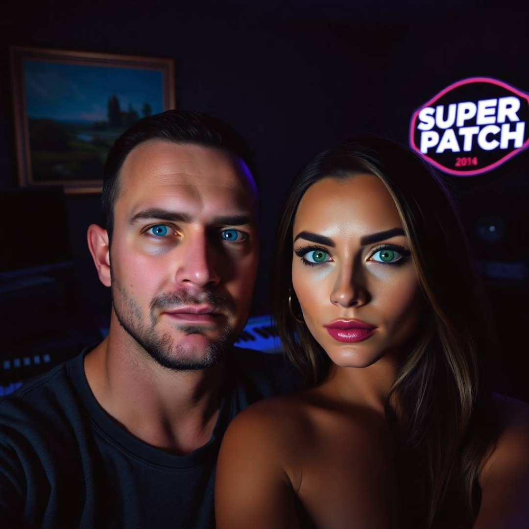 France. In a modern living room, a man and a woman in their thirties, both looking stylish and energetic, are chatting animatedly, while a “Super Patch” sign stands out in the background.