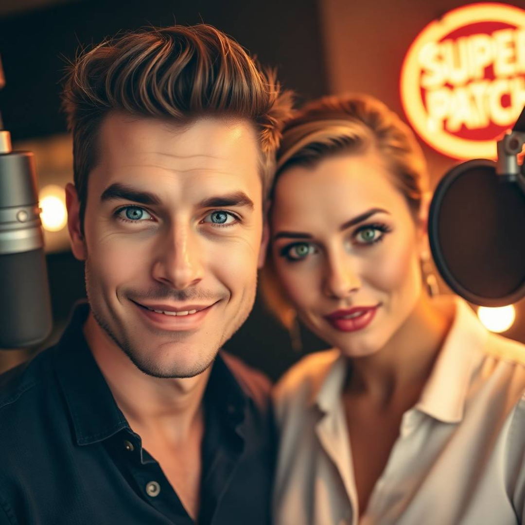 Germany. In a modern living room, a man and a woman in their thirties, both looking stylish and energetic, are chatting animatedly, while a “Super Patch” sign stands out in the background.