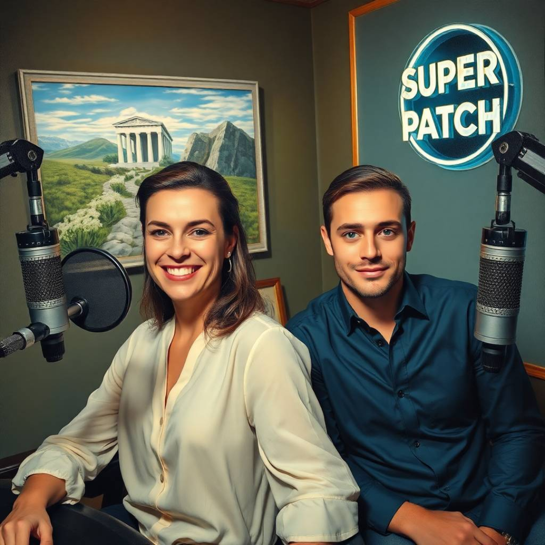 Greece. In a modern living room, a man and a woman in their thirties, both looking stylish and energetic, are chatting animatedly, while a “Super Patch” sign stands out in the background.