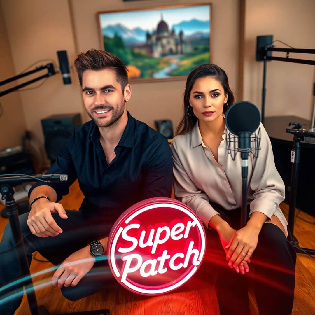 Hungary. In a modern living room, a man and a woman in their thirties, both looking stylish and energetic, are chatting animatedly, while a “Super Patch” sign stands out in the background.