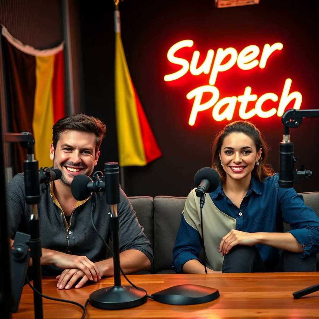 Image of a group of entrepreneurs, apparently in België, Europe, behind them there is a sign that clearly says "Super Patch".