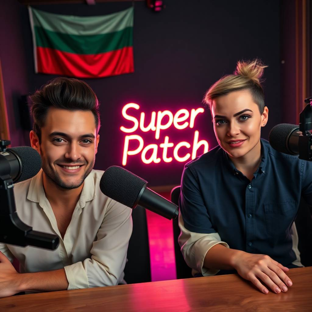 Image of a group of entrepreneurs, apparently in Bulgaria, Europe, behind them there is a sign that clearly says "Super Patch".
