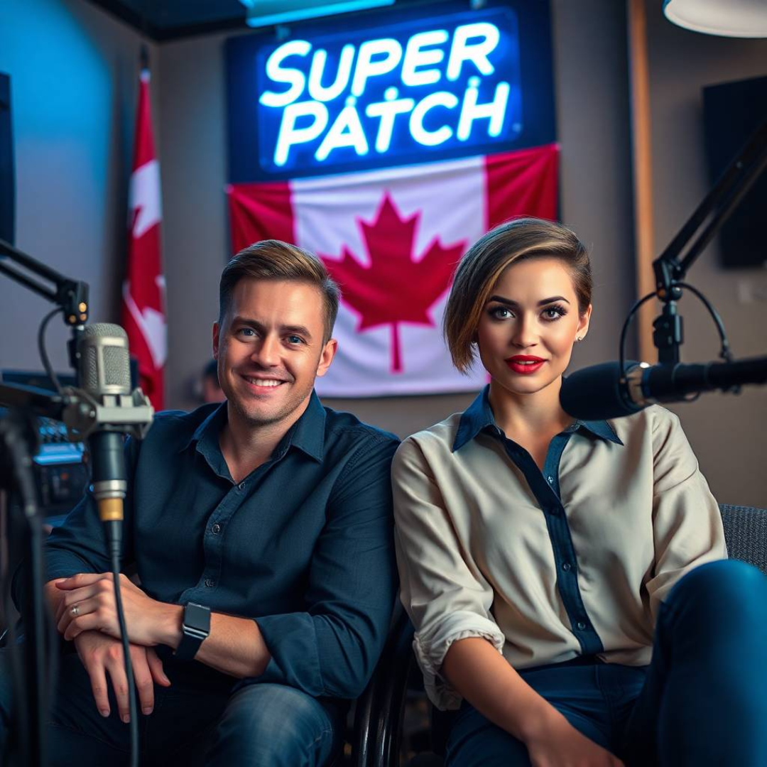 Image of a group of entrepreneurs, apparently in Canada, America, behind them there is a sign that clearly says "Super Patch".