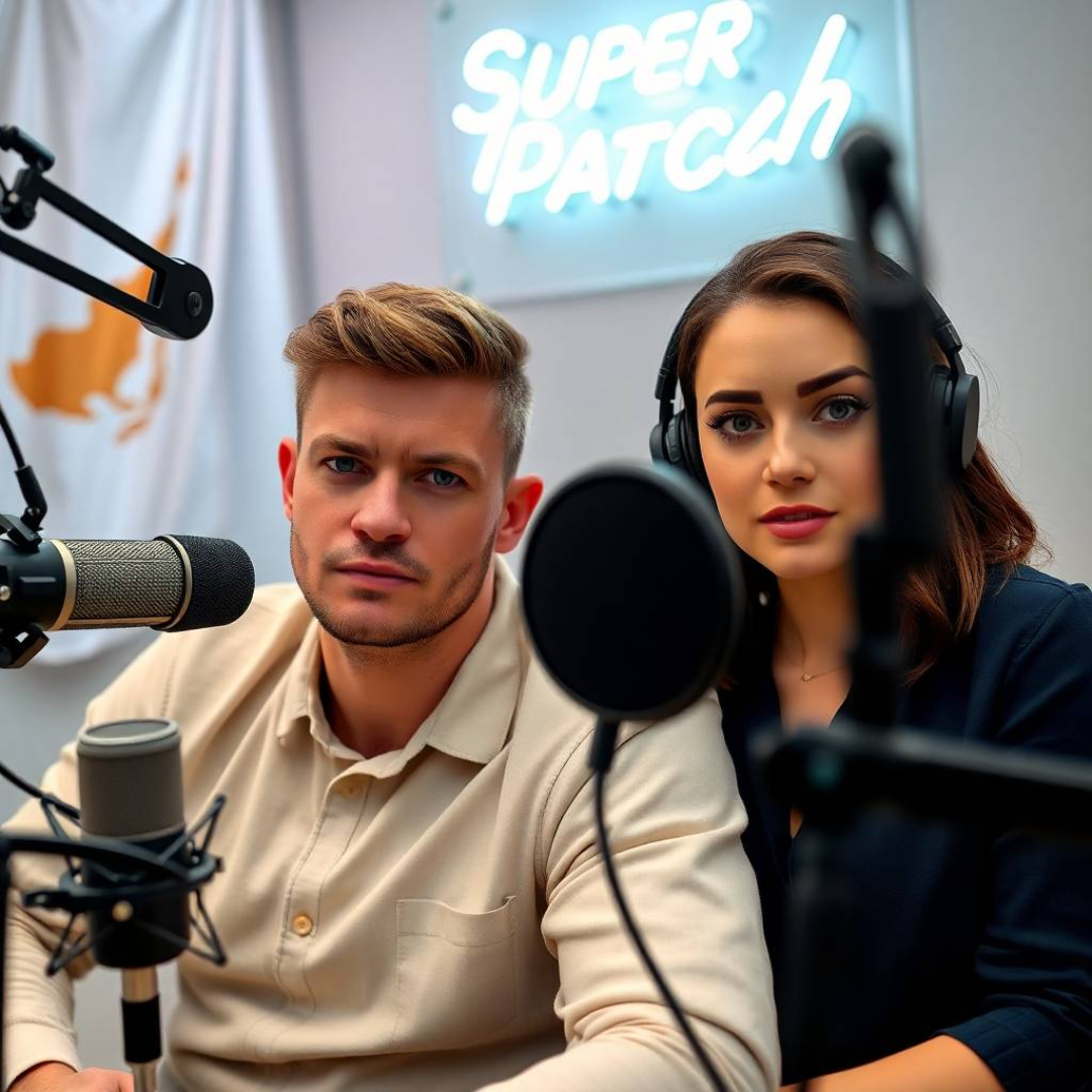 Image of a group of entrepreneurs, apparently in Chipre, Europe, behind them there is a sign that clearly says "Super Patch".