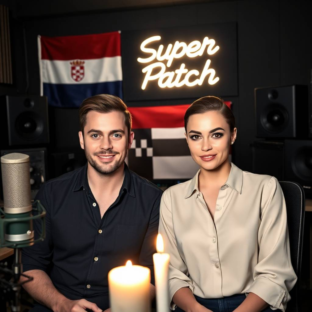 Image of a group of entrepreneurs, apparently in Croacia, Europe, behind them there is a sign that clearly says "Super Patch".