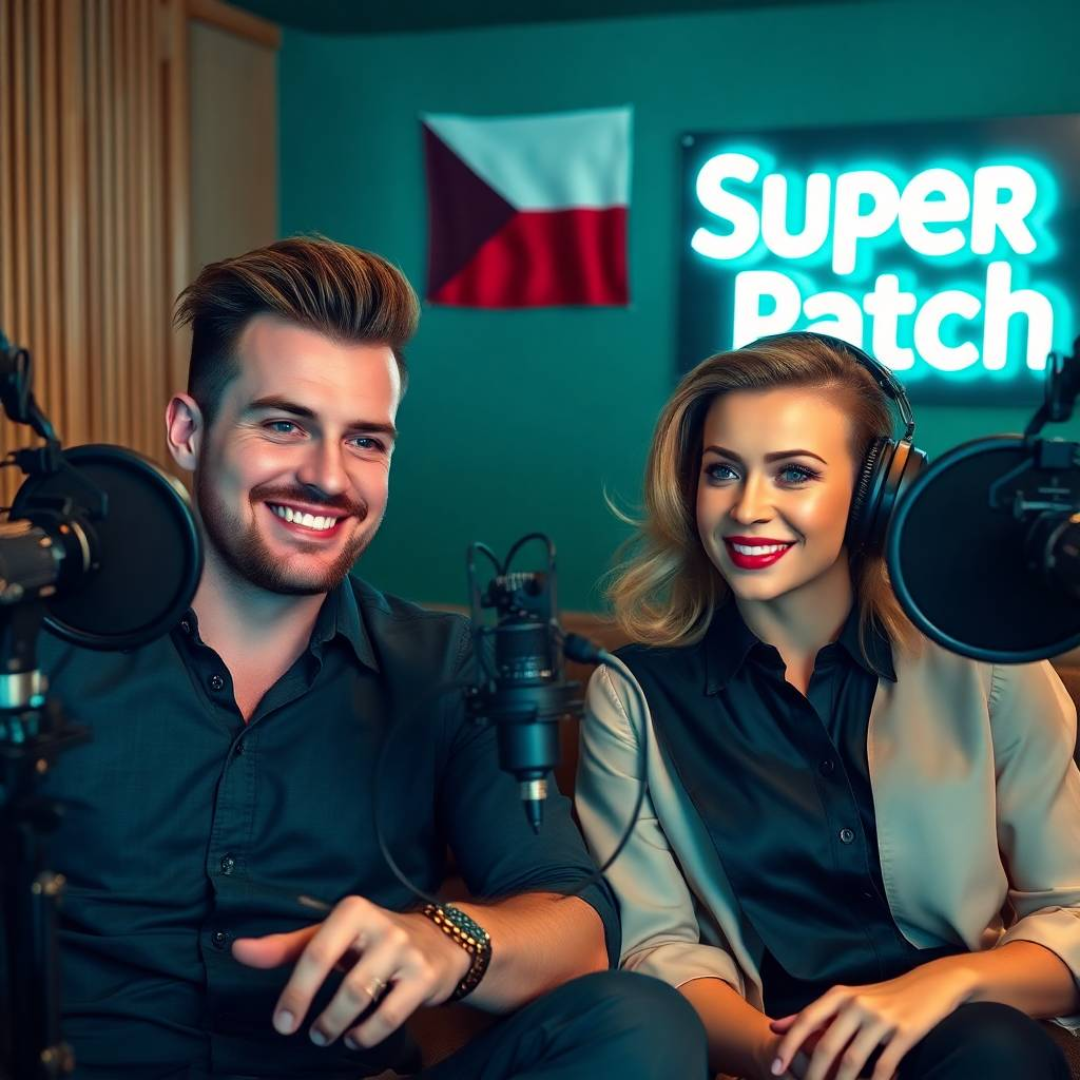 Image of a group of entrepreneurs, apparently in Czech Republic, Europe, behind them there is a sign that clearly says "Super Patch".