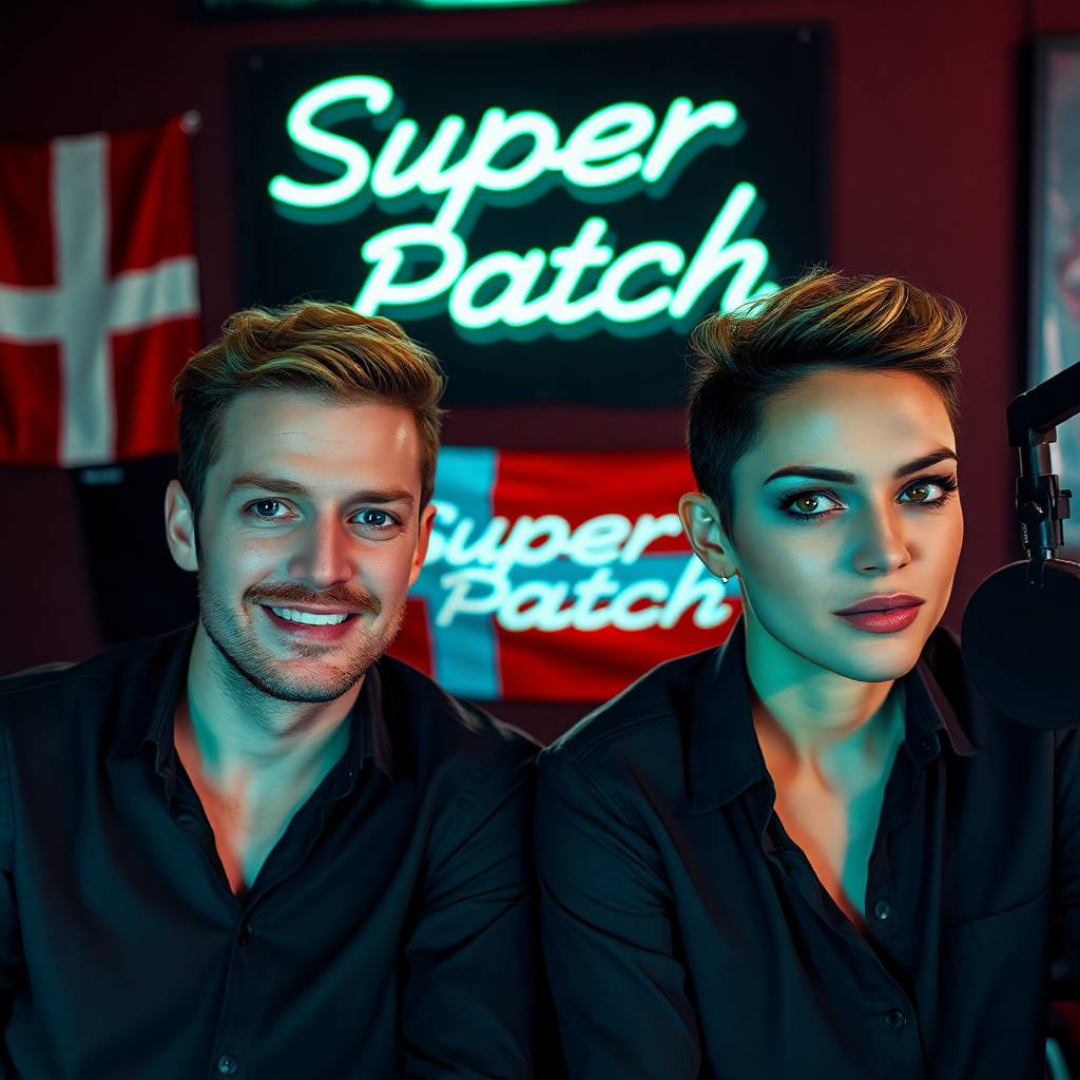 Image of a group of entrepreneurs, apparently in Denmark, Europe, behind them there is a sign that clearly says "Super Patch".
