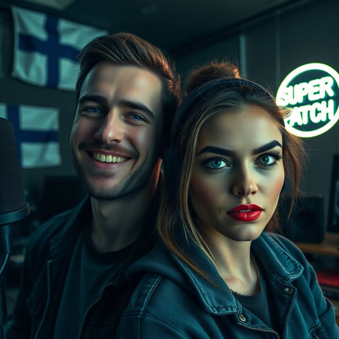 Image of a group of entrepreneurs, apparently in Finland, Europe, behind them there is a sign that clearly says "Super Patch".