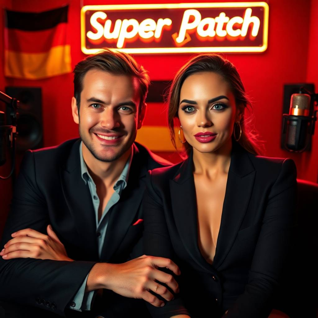 Image of a group of entrepreneurs, apparently in Germany, Europe, behind them there is a sign that clearly says "Super Patch".