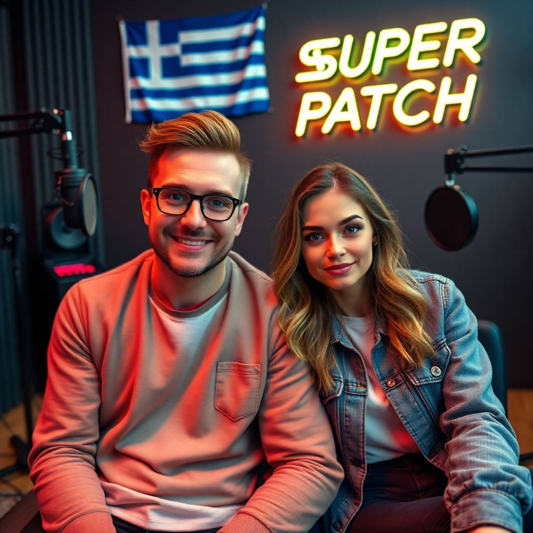 Image of a group of entrepreneurs, apparently in Greece, Europe, behind them there is a sign that clearly says "Super Patch".