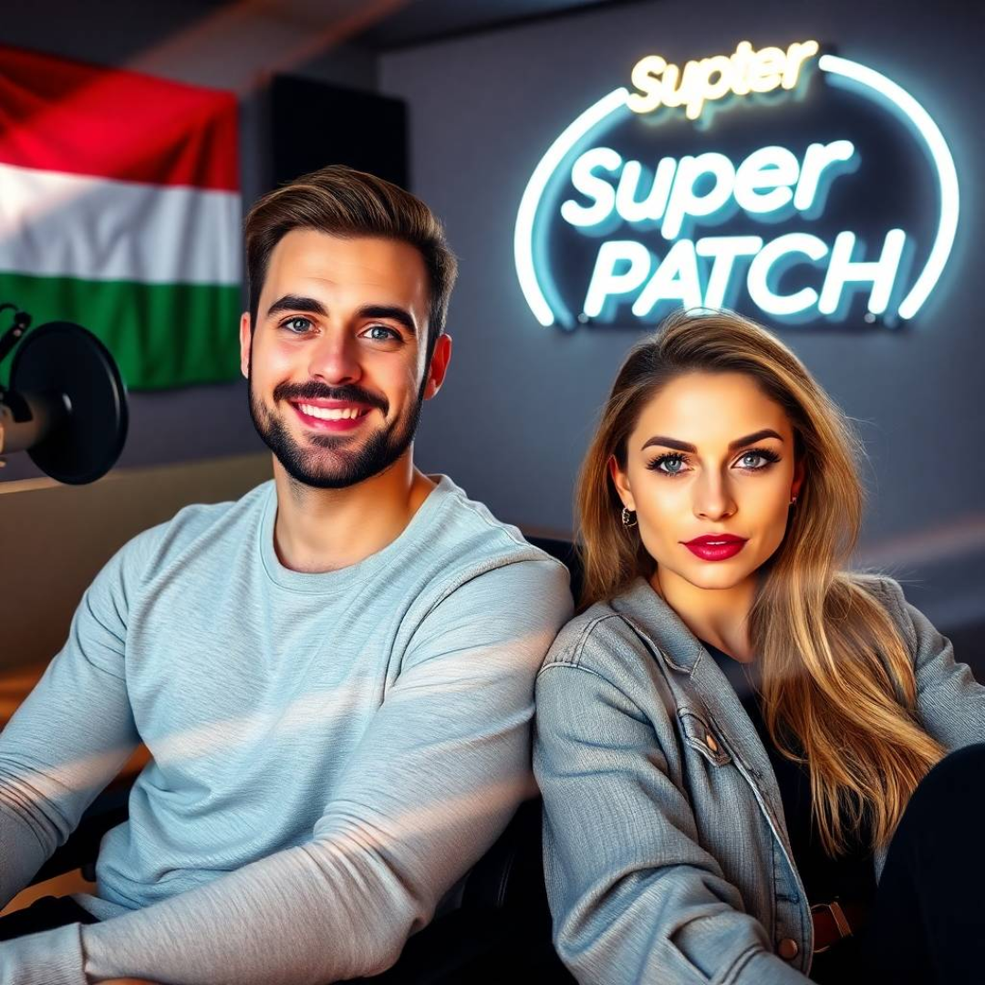 Image of a group of entrepreneurs, apparently in Hungary, Europe, behind them there is a sign that clearly says "Super Patch".