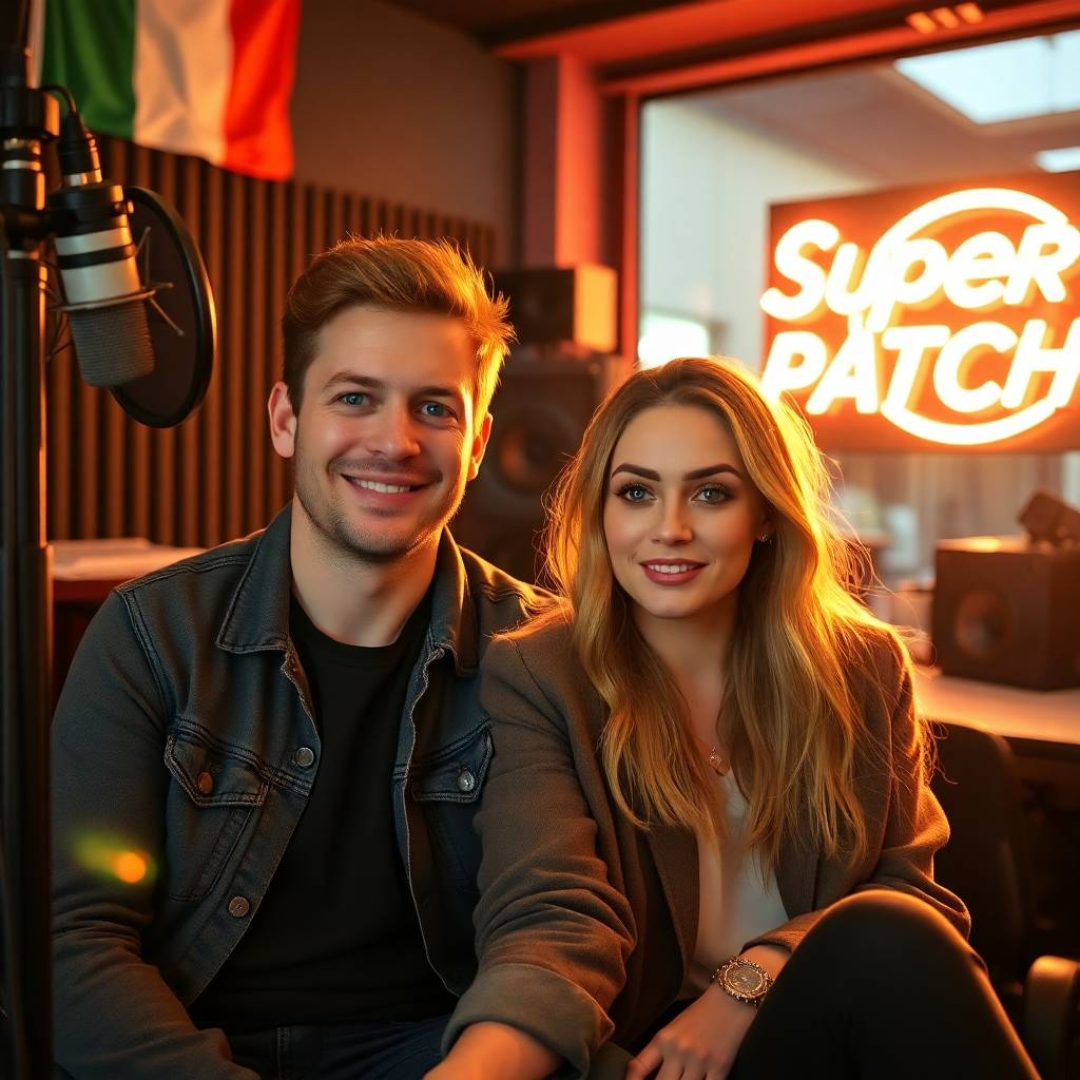 Image of a group of entrepreneurs, apparently in Ireland, Europe, behind them there is a sign that clearly says "Super Patch".