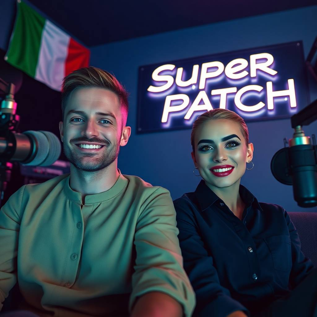 Image of a group of entrepreneurs, apparently in Italy, Europe, behind them there is a sign that clearly says "Super Patch".
