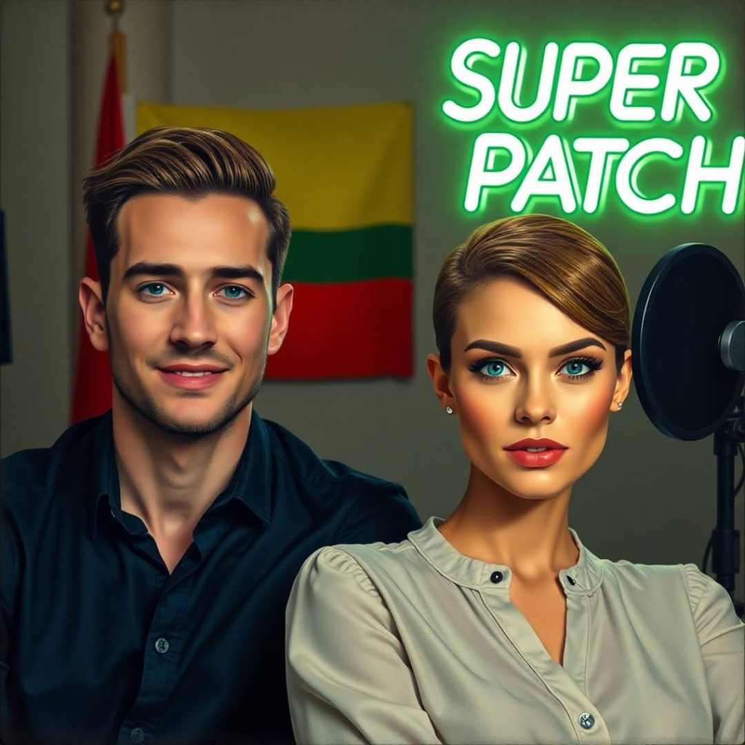 Image of a group of entrepreneurs, apparently in Lithuania, Europe, behind them there is a sign that clearly says "Super Patch".