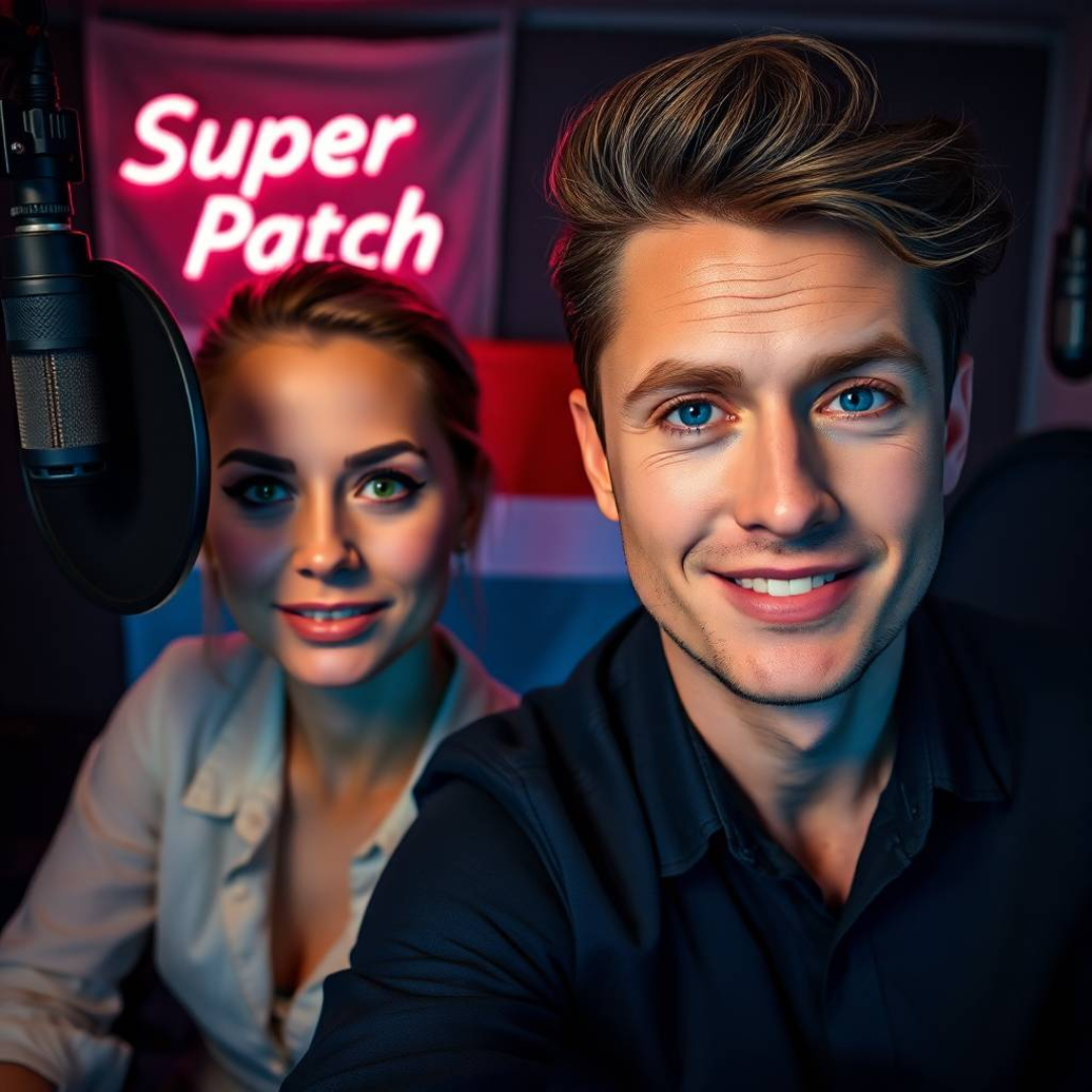 Image of a group of entrepreneurs, apparently in Luxembourg, Europe, behind them there is a sign that clearly says "Super Patch".