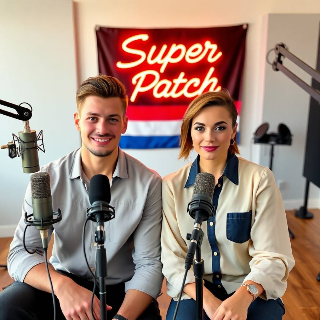 Image of a group of entrepreneurs, apparently in Netherlands, Europe, behind them there is a sign that clearly says "Super Patch".