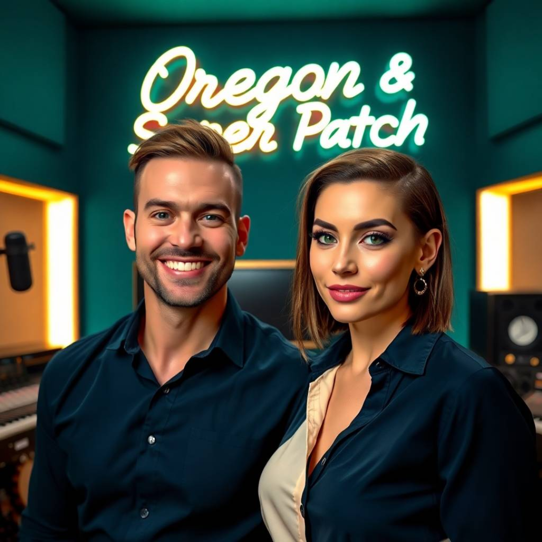 Image of a group of entrepreneurs, apparently in Oregón, United States, behind them there is a sign that clearly says "Super Patch".