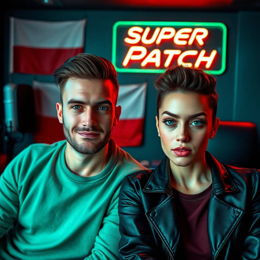Image of a group of entrepreneurs, apparently in Poland, Europe, behind them there is a sign that clearly says "Super Patch".