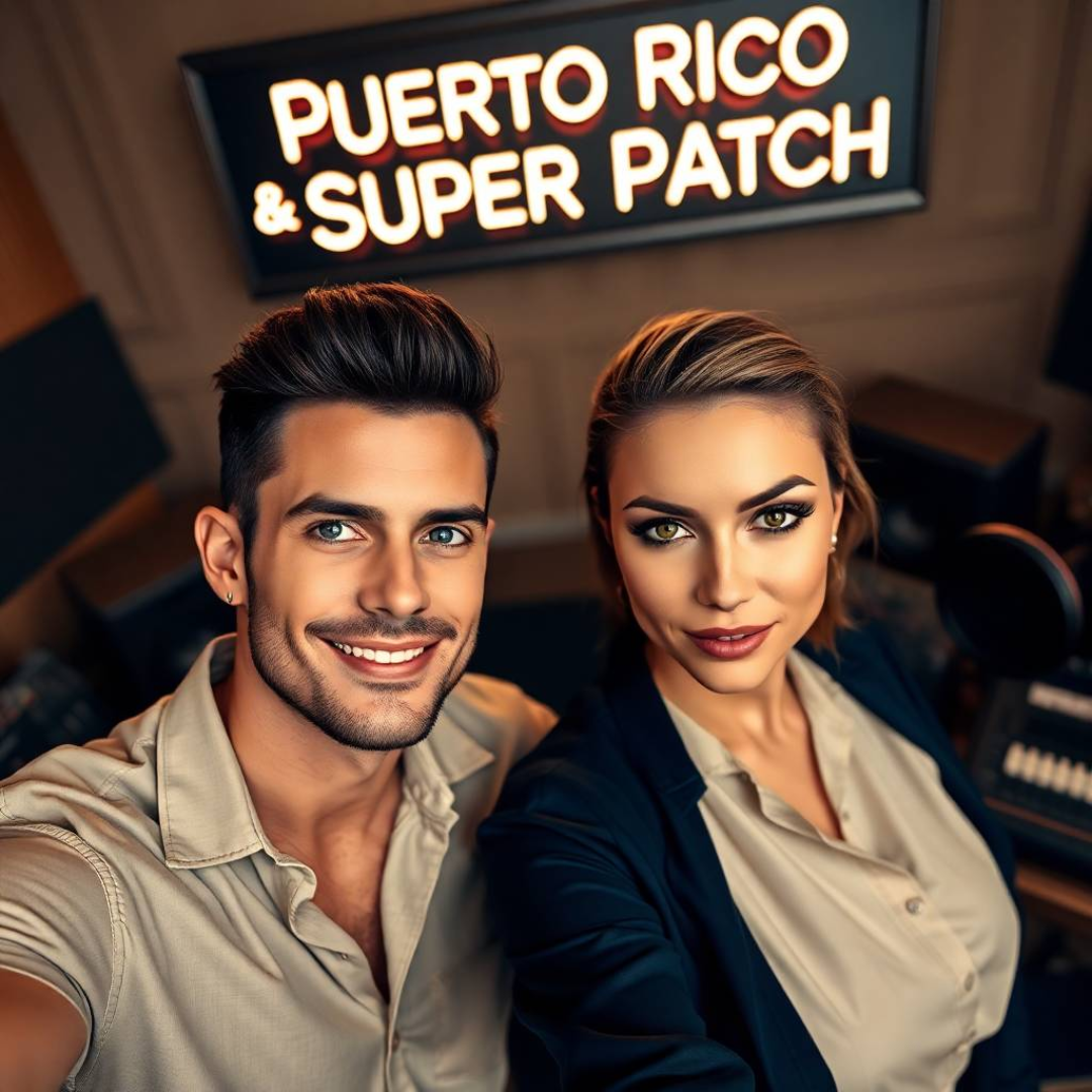 Image of a group of entrepreneurs, apparently in Puerto Rico, United States, behind them there is a sign that clearly says "Super Patch".