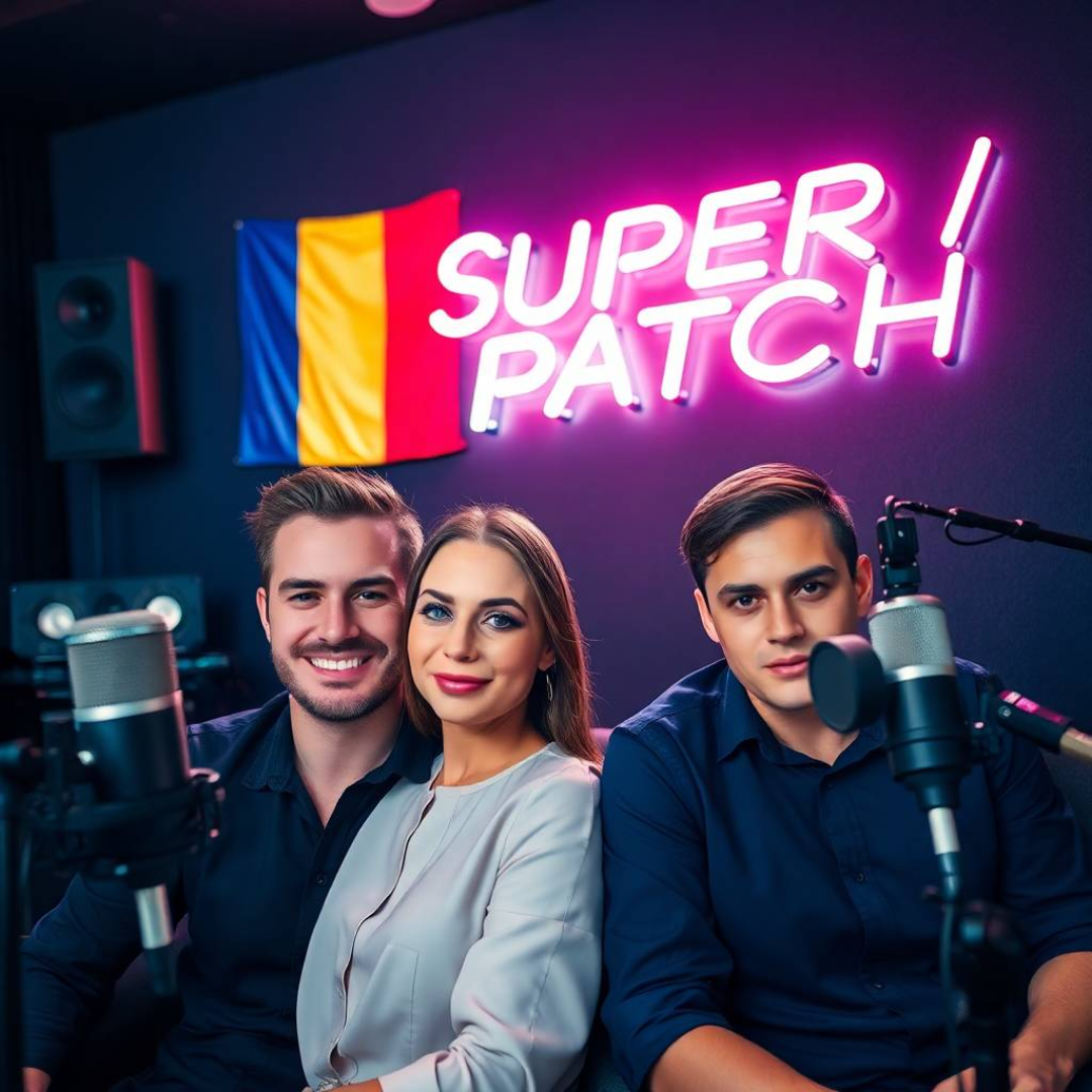 Image of a group of entrepreneurs, apparently in Romania, Europe, behind them there is a sign that clearly says "Super Patch".