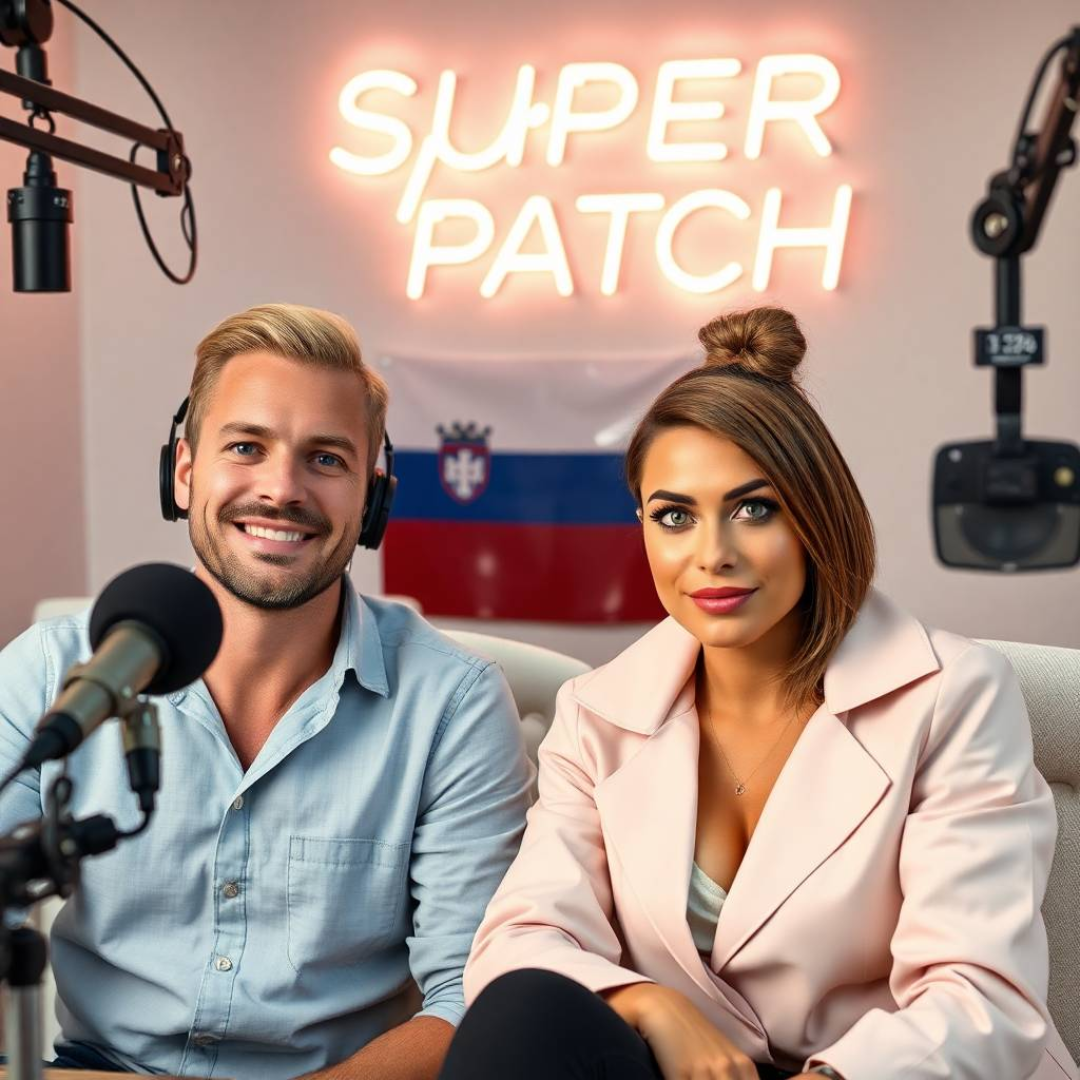 Image of a group of entrepreneurs, apparently in Slovenia, Europe, behind them there is a sign that clearly says "Super Patch".