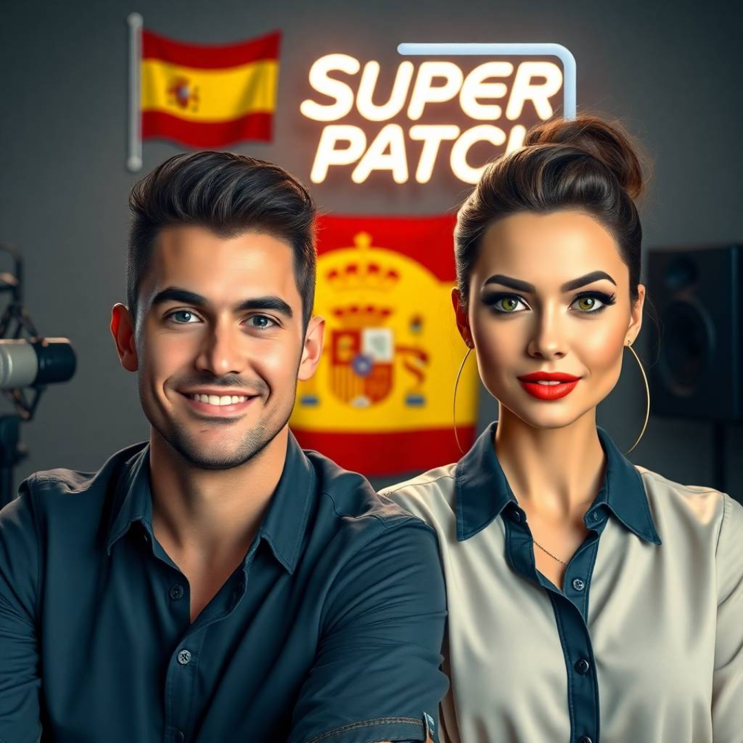Image of a group of entrepreneurs, apparently in Spain, Europe, behind them there is a sign that clearly says "Super Patch".