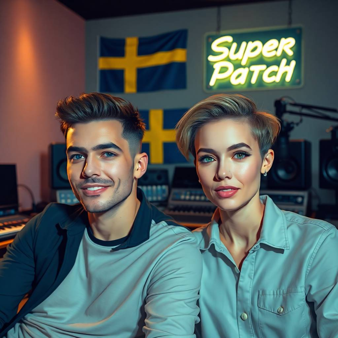 Image of a group of entrepreneurs, apparently in Sweden, Europe, behind them there is a sign that clearly says "Super Patch".