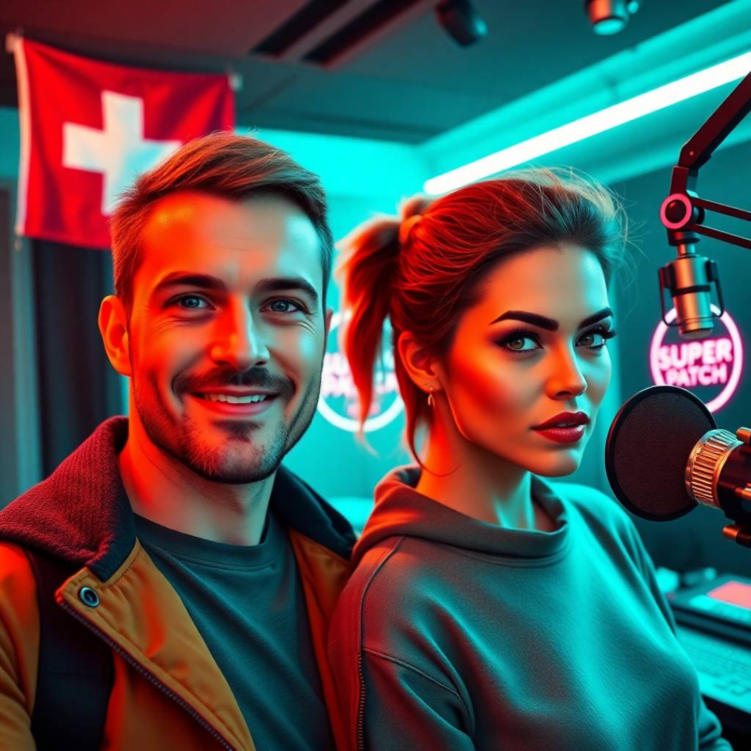 Image of a group of entrepreneurs, apparently in Switzerland, Europe, behind them there is a sign that clearly says "Super Patch".