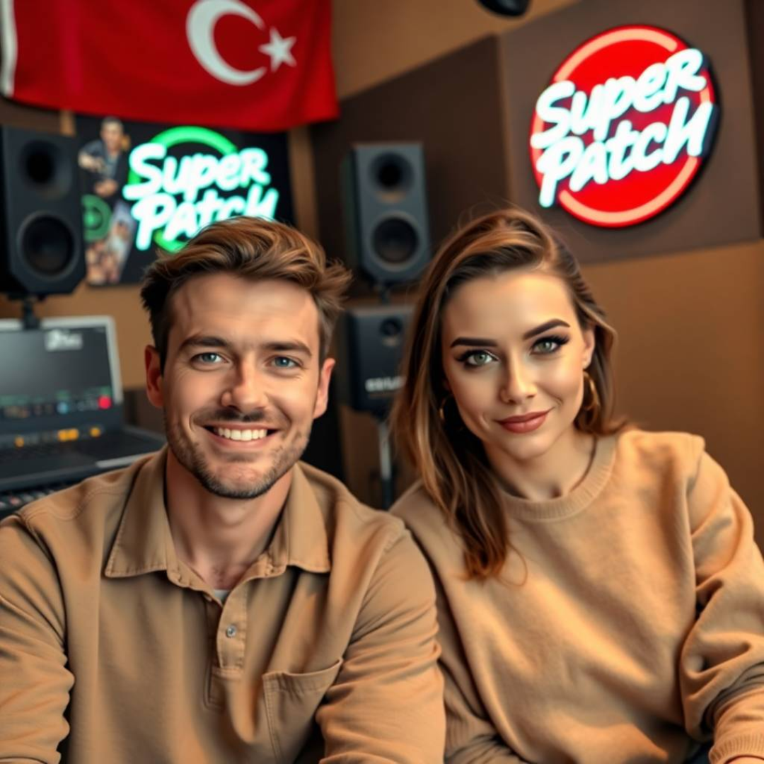 Image of a group of entrepreneurs, apparently in Turkey, Europe, behind them there is a sign that clearly says "Super Patch".