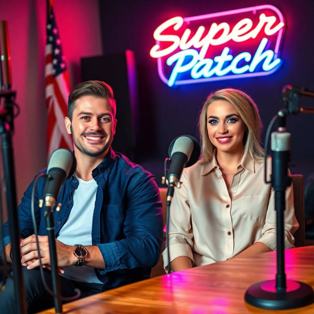 Image of a group of entrepreneurs, apparently in United States, America, behind them there is a sign that clearly says "Super Patch".