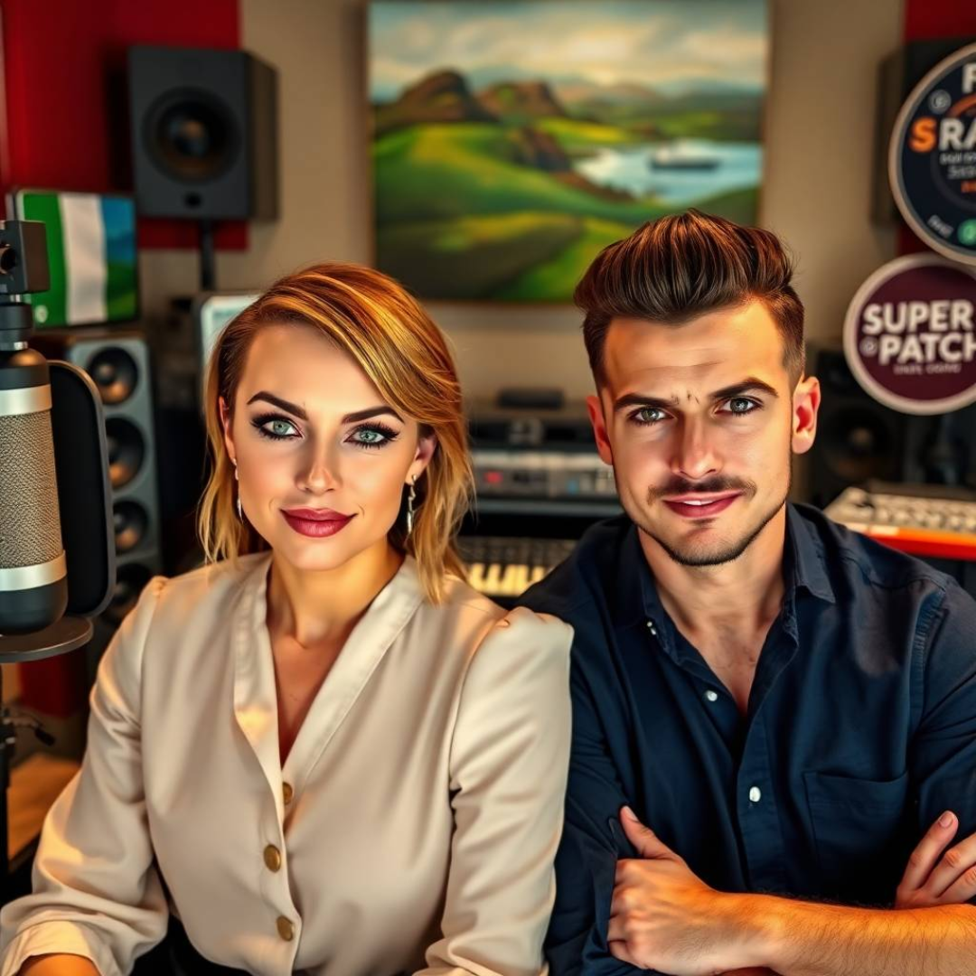 Ireland. In a modern living room, a man and a woman in their thirties, both looking stylish and energetic, are chatting animatedly, while a “Super Patch” sign stands out in the background.