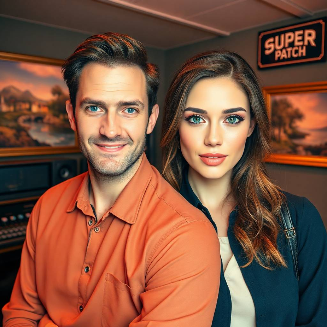 Italy. In a modern living room, a man and a woman in their thirties, both looking stylish and energetic, are chatting animatedly, while a “Super Patch” sign stands out in the background.