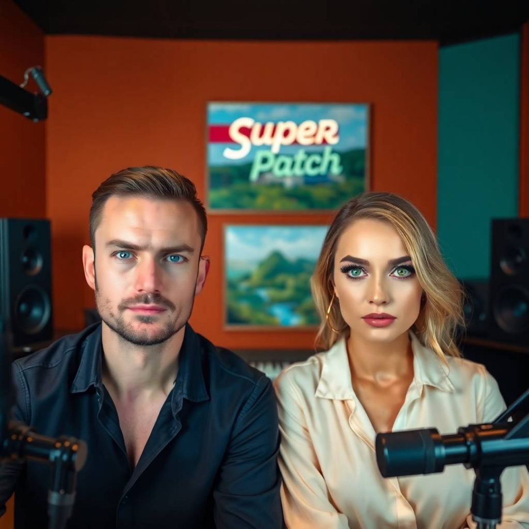 Latvia. In a modern living room, a man and a woman in their thirties, both looking stylish and energetic, are chatting animatedly, while a “Super Patch” sign stands out in the background.