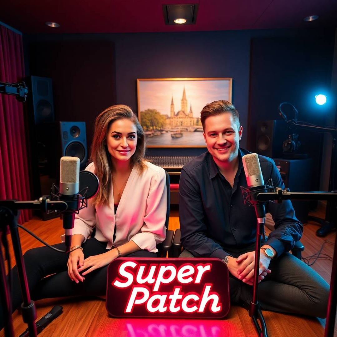 Luxembourg. In a modern living room, a man and a woman in their thirties, both looking stylish and energetic, are chatting animatedly, while a “Super Patch” sign stands out in the background.