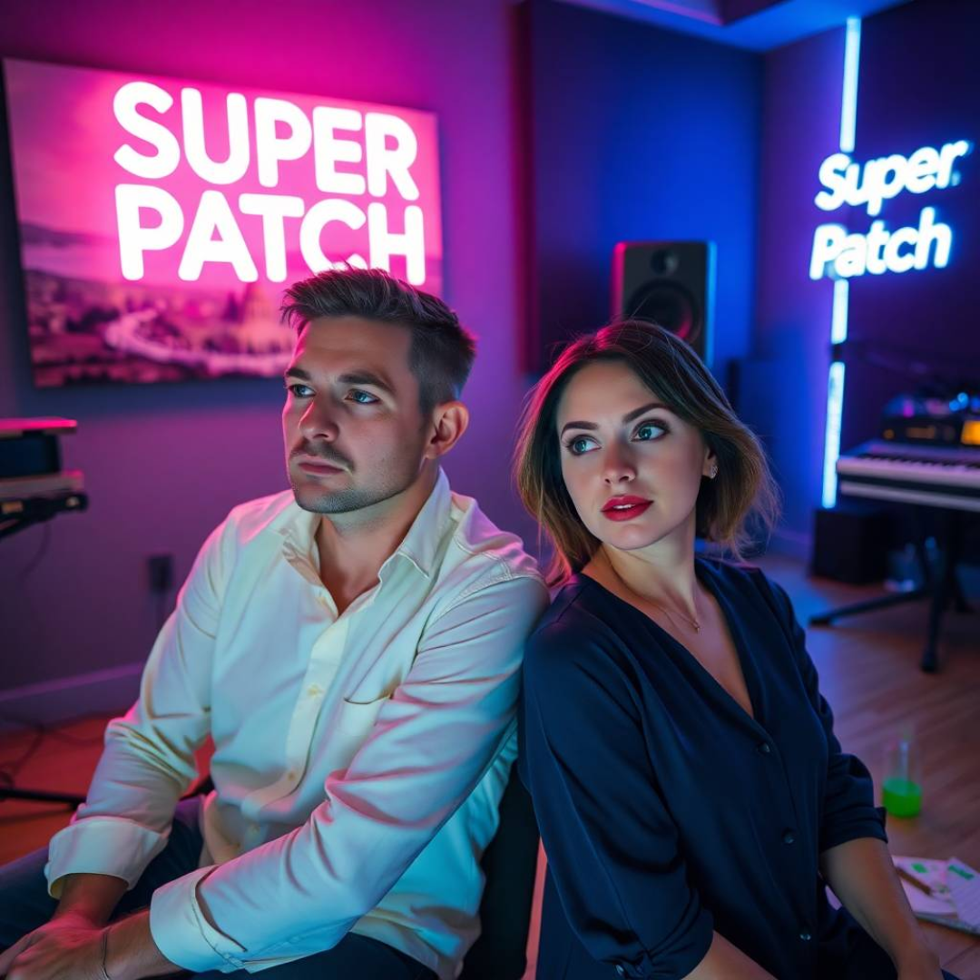 Malta. In a modern living room, a man and a woman in their thirties, both looking stylish and energetic, are chatting animatedly, while a “Super Patch” sign stands out in the background.